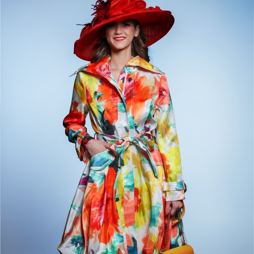 New Samuel Dong Light weight Floral Trench bubble coat dress Size XL women